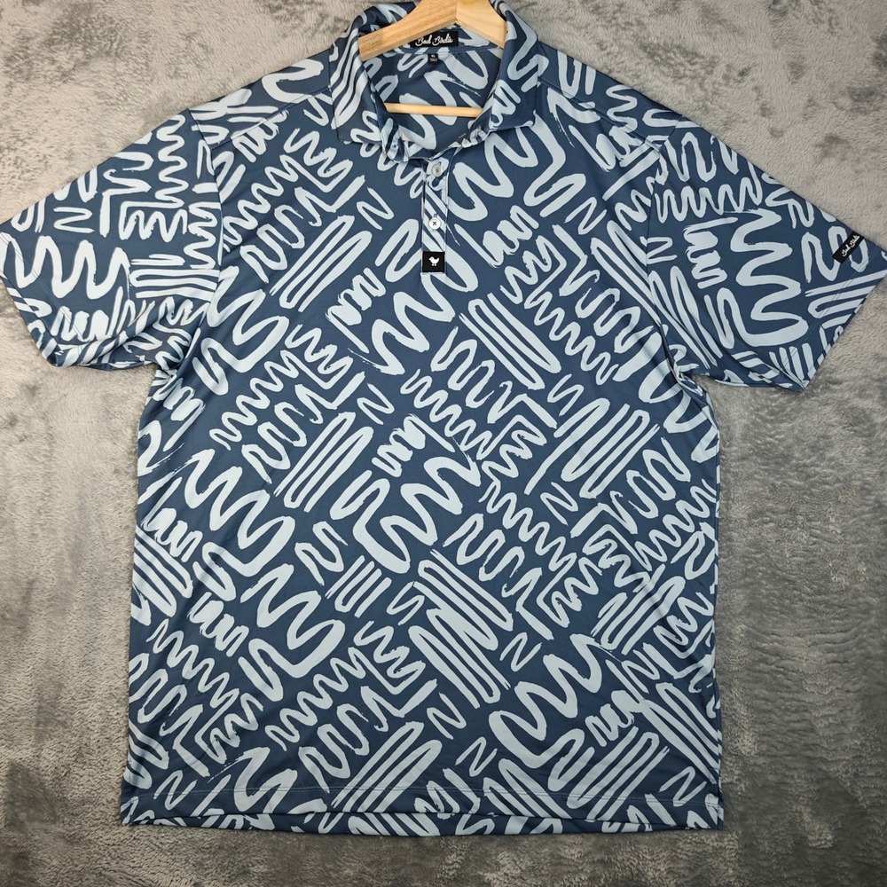 Bad Birdie Polo Shirt Mens XL Blue Abstract Squiggle Print Short Sleeve Golf